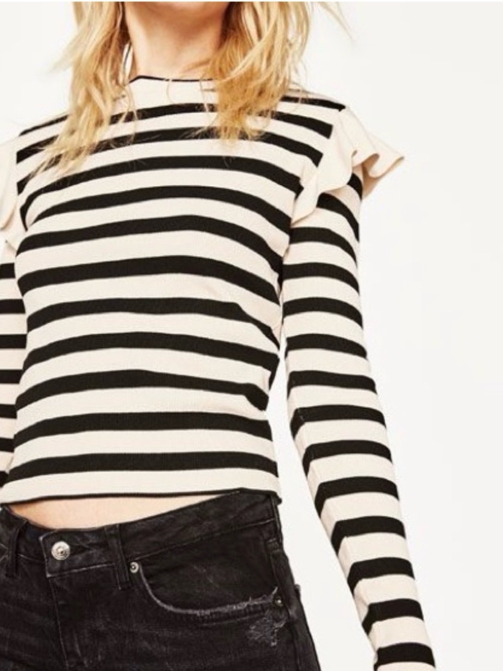 ZARA Black and Cream Striped Long Sleeve Frilled Shoulder Top
